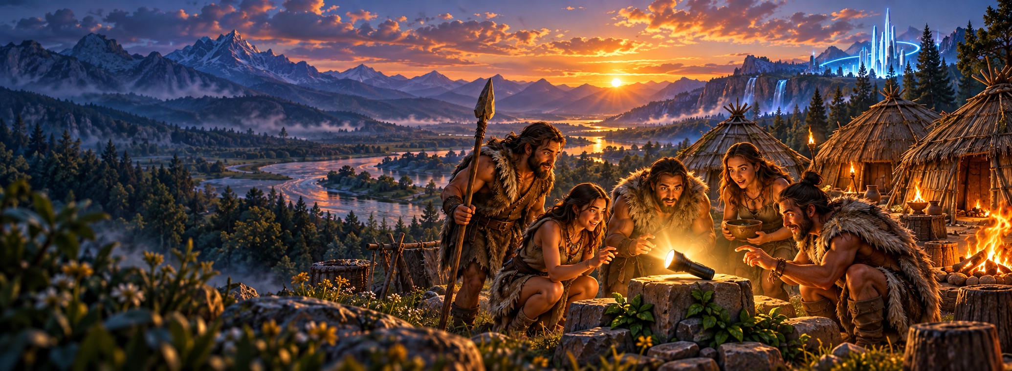 Five villagers examine a glowing flashlight in their mountain village