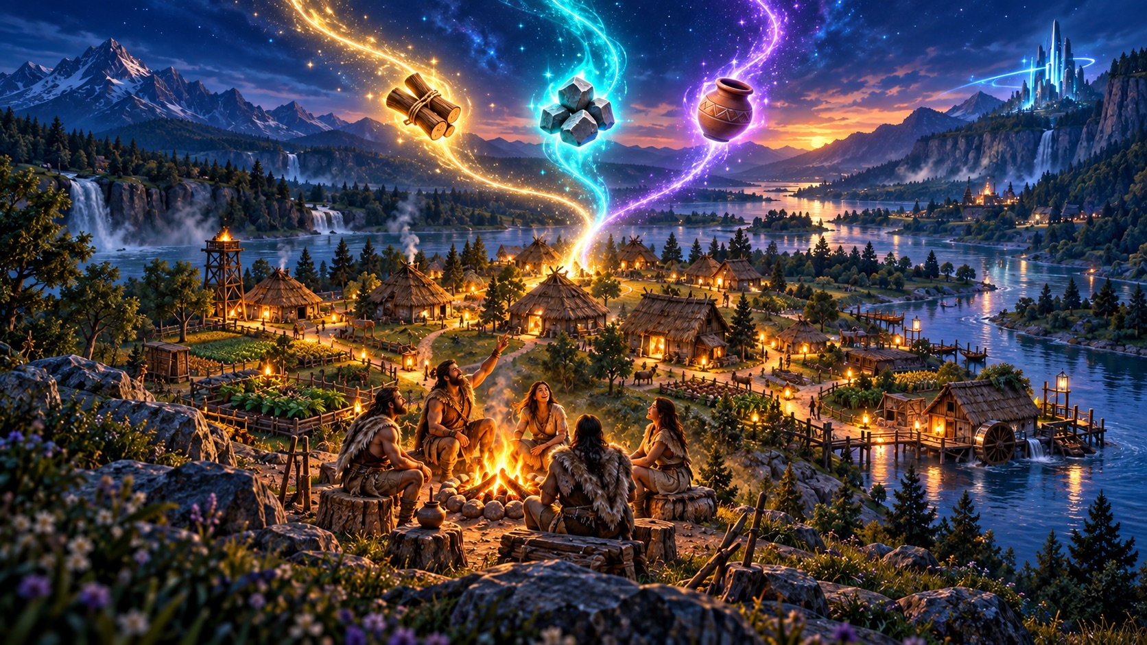 Villagers gather around a fire as colorful streams of objects enter their shared world